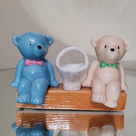 Vintage Salt & Pepper Shakers with Toothpick Holder Bears Sitting On Bench - Picture 1 of 5
